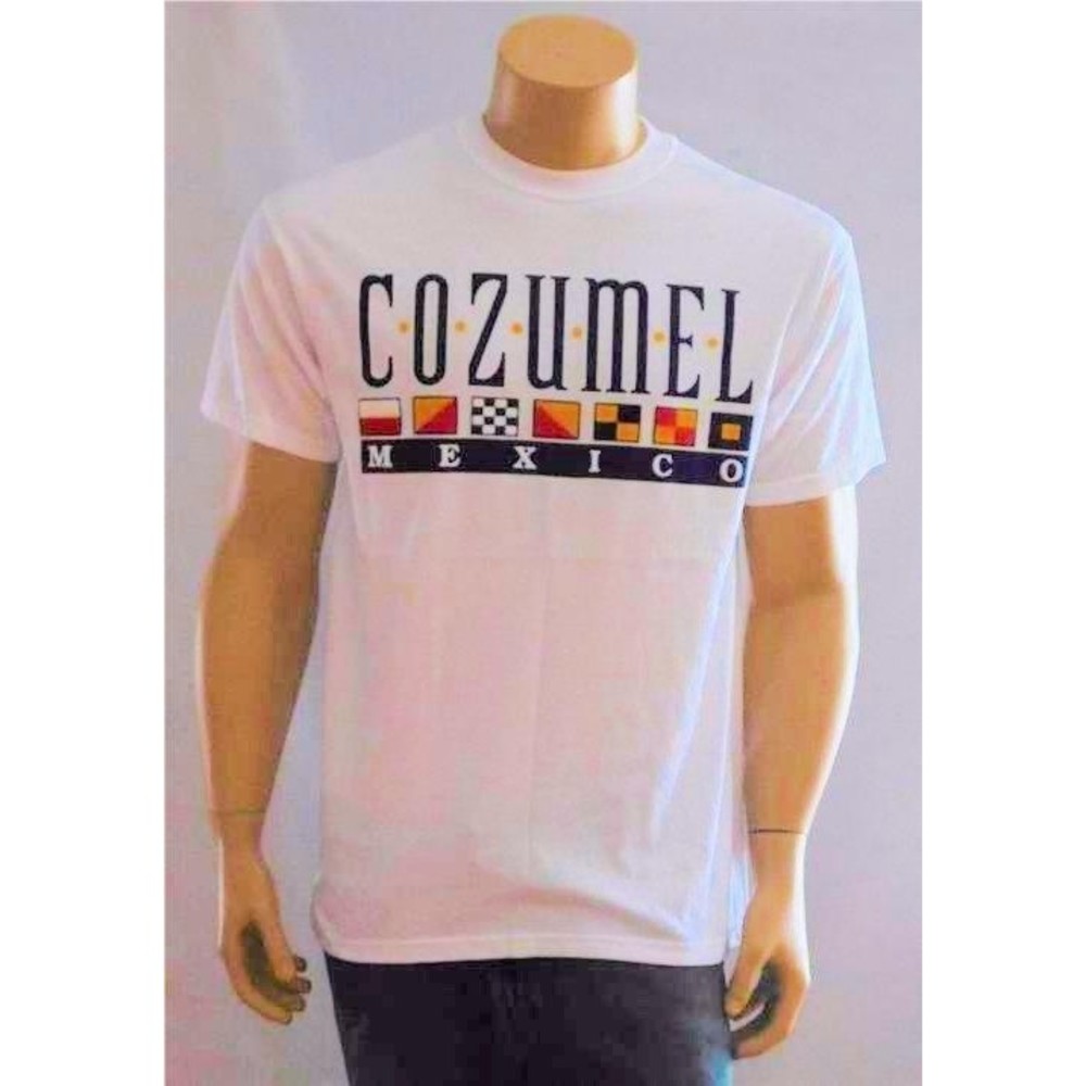 Cozumel Mexico T Shirt Mens Medium White Cotton Short Sleeve Flags Vacation